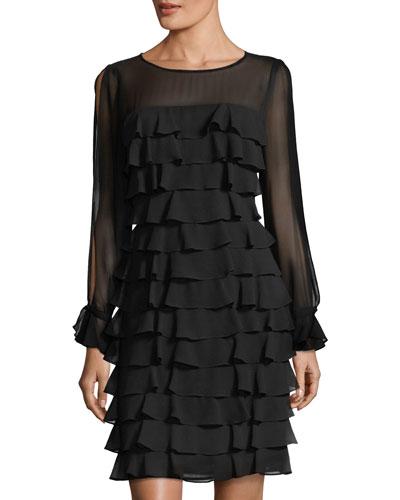 Long-sleeve Sheer Ruffle Dress