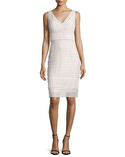 V-neck Striped Sheath Dress, Ivory/nude