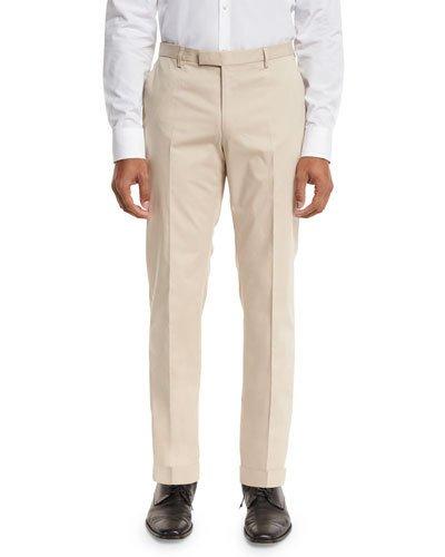 Stretch-cotton Flat-front Trousers, Tan