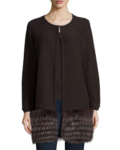 Long Open Cashmere Cardigan W/ Cable & Fox-fur Trim