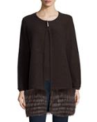 Long Open Cashmere Cardigan W/ Cable & Fox-fur Trim