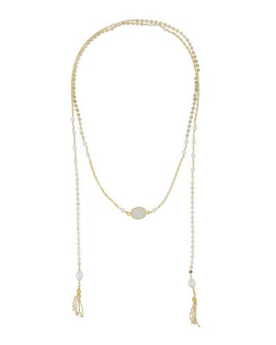 Disc Chain Lariat Necklace W/ Pearls