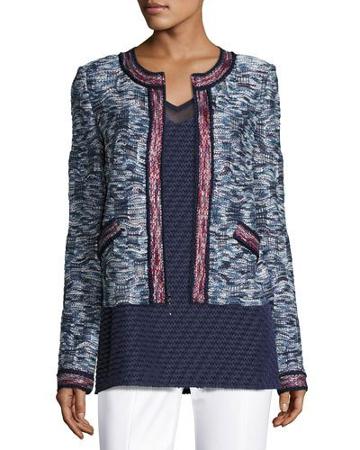 Asha Tweed Knit Zip-front Jacket, Blue Pattern