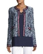 Asha Tweed Knit Zip-front Jacket, Blue Pattern