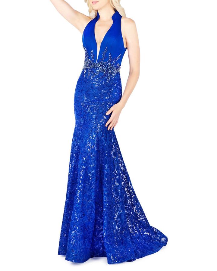 Beaded Embroidered Halter Trumpet Gown With Mandarin Collar