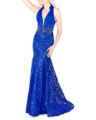 Beaded Embroidered Halter Trumpet Gown With Mandarin Collar