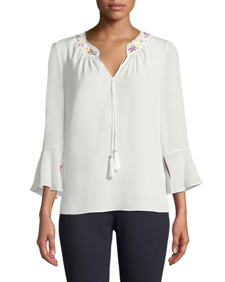 3/4-sleeve Beaded-trim Blouse