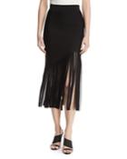 High-waist Fitted Crepe Midi Skirt With Fringed Hem