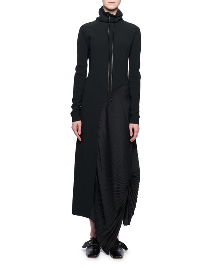 Mock-neck Long-sleeve Pleated-side