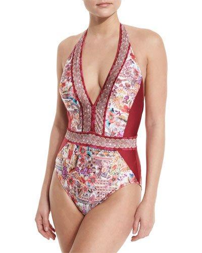 Shiraz Deep Halter Floral One-piece Swimsuit,