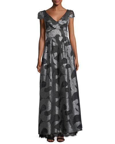 Cap-sleeve V-neck Jacquard Evening Gown