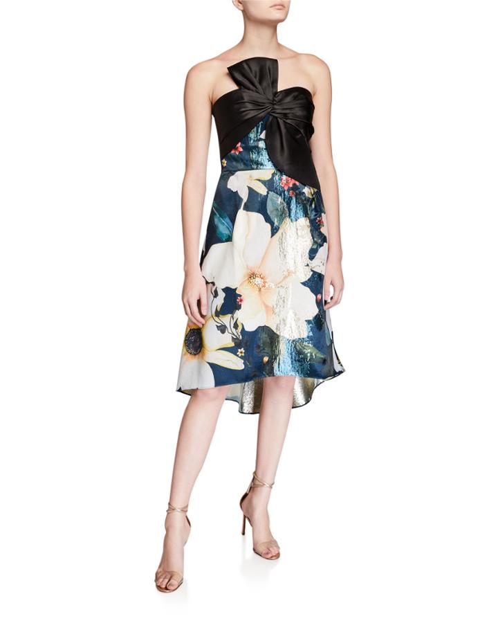 Strapless Printed Metallic Jacquard High-low Cocktail Dress