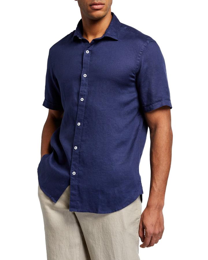 Men's Short-sleeve Piece-dyed Linen