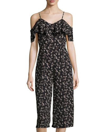 Flower-print Culotte Jumpsuit, Black Pattern