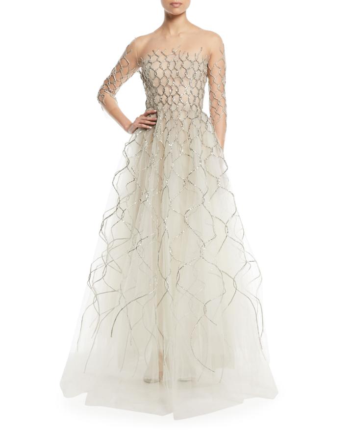 3/4-sleeve Metallic Embroidered Tulle Evening Gown