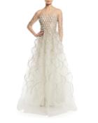 3/4-sleeve Metallic Embroidered Tulle Evening Gown