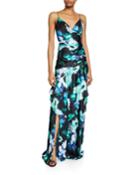 Charm Abstract Floral Sleeveless Ruffle-trim Gown