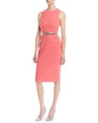 Sleeveless Stretch-boucle Crepe Sheath Dress W/ Belt