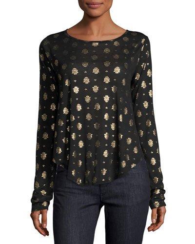Varaza Floral-print Mesh Top, Black