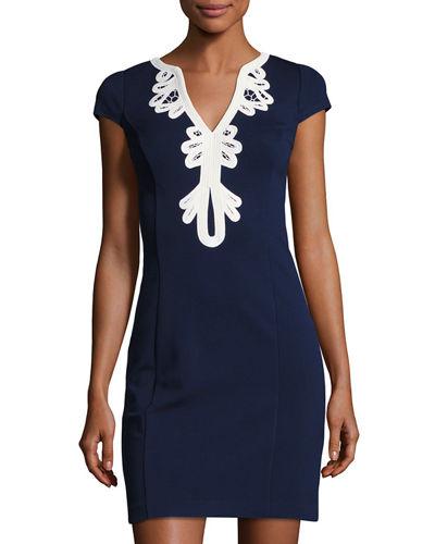 Cap-sleeve Sheath Dress With Embroidered Neckline