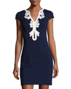 Cap-sleeve Sheath Dress With Embroidered Neckline