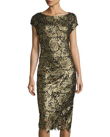 Metallic Lace-overlay Midi Dress, Gold
