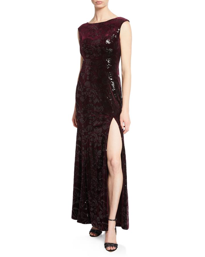 Sequined Floral Velvet Gown