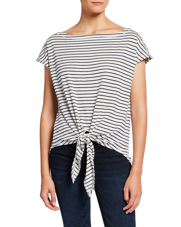 Striped Cap-sleeve Tie-hem Textured Top