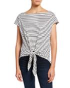 Striped Cap-sleeve Tie-hem Textured Top