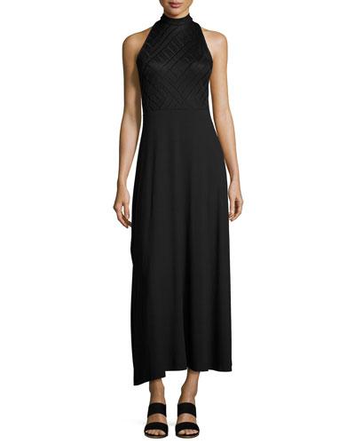 Mock-neck Lace-bodice Maxi Dress, Black