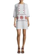 Embroidered 3/4-sleeve Tunic Dress, Cream