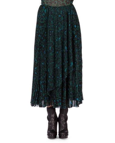 Shadow Flower Long Pleated Skirt, Bottle Green