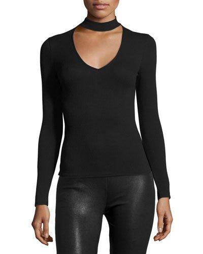 High-neck Long-sleeve Ribbed Tee, Black