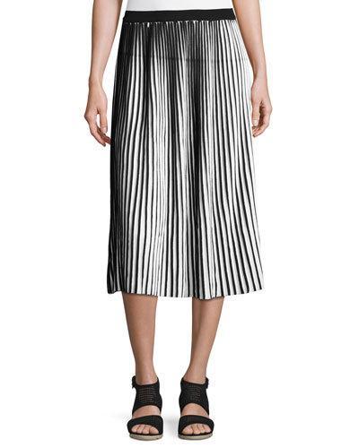 Striped Cotton Crepe Plisse Skirt, Black/white