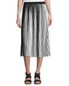 Striped Cotton Crepe Plisse Skirt, Black/white