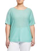 Plus Size Bateau-neck Elbow-sleeve Organic Linen/cotton