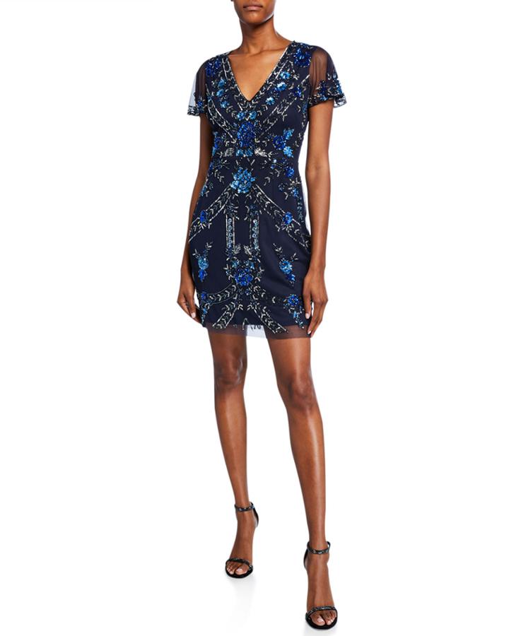 Beaded V-neck Short-sleeve Cocktail Dress