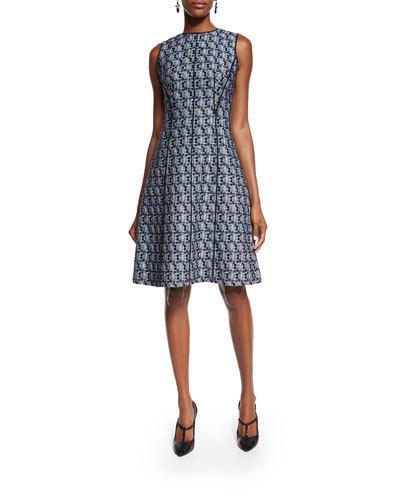 Sleeveless Multi-print Tweed Dress, Bright Navy