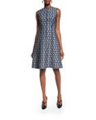 Sleeveless Multi-print Tweed Dress, Bright Navy