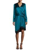 Long-sleeve Drape-front Gown, Empress Green/noir