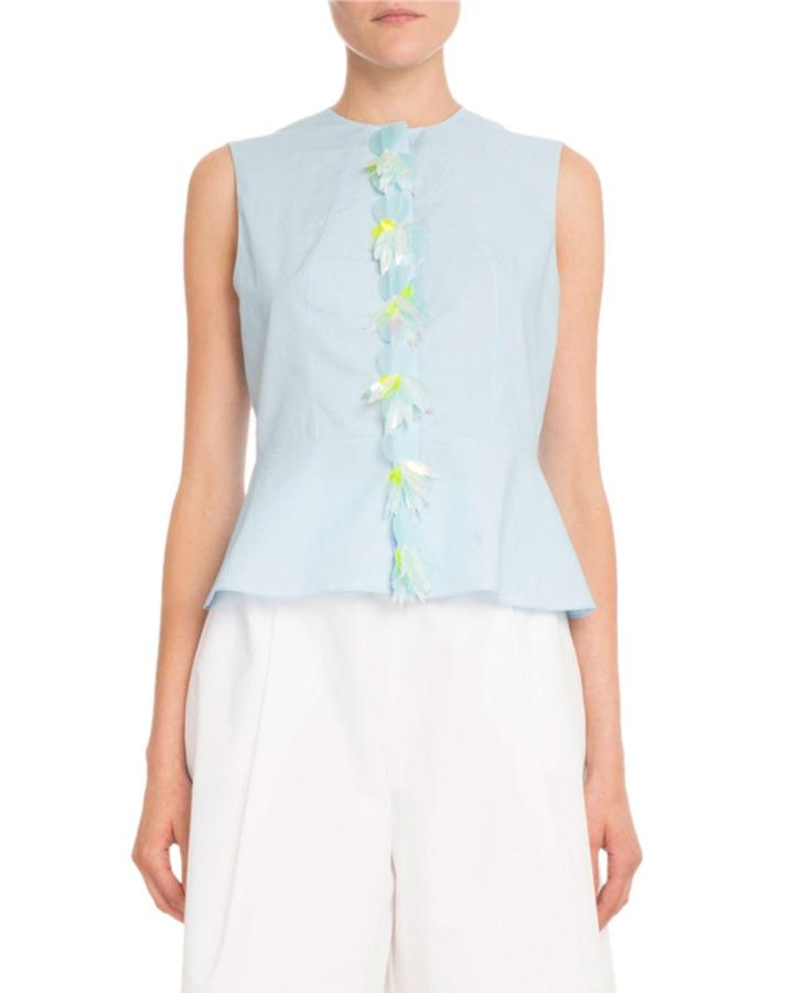 Sleeveless Cotton Poplin Peplum Top W/ Removable Embellished Placket