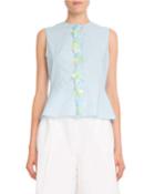 Sleeveless Cotton Poplin Peplum Top W/ Removable Embellished Placket