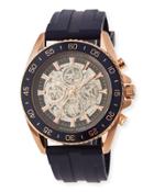 Jetmaster Automatic Skeleton Chronograph Watch W/ Rubber Strap, Rose Golden/blue