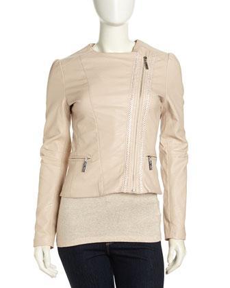 Betsey Johnson Asymmetric Cropped Faux-leather Moto Jacket, Nude