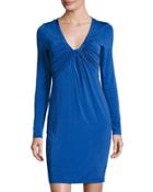 Draped-front Long-sleeve Dress, Cobalt