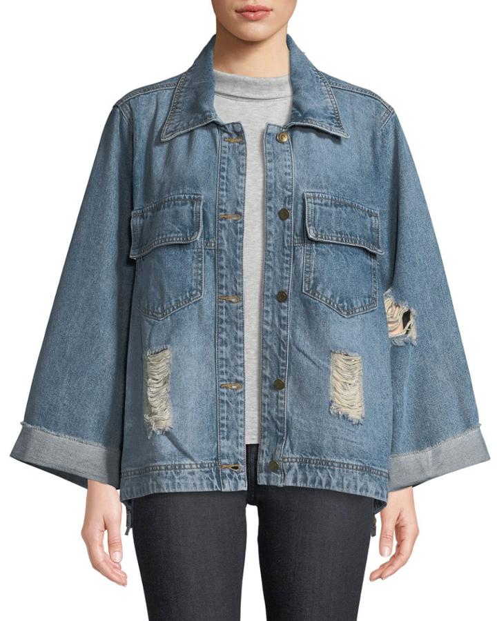 Script-embroidered Distressed Denim Jacket