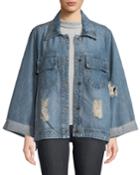 Script-embroidered Distressed Denim Jacket