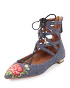 Belgravia Embroidered Denim Flat, Blue