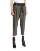Pleated-front Belted Cropped Pants, Bark
