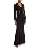 Deep V-neck Coat Gown W/ Beaded Belt